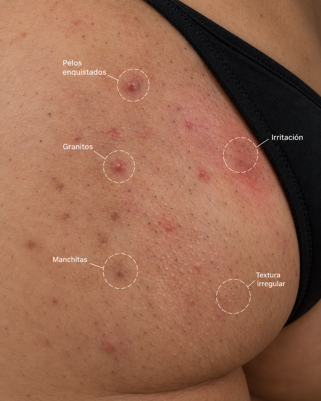 Piel después de depilarse con pelos enquistados, granitos, irritación, manchitas y textura irregular señalados