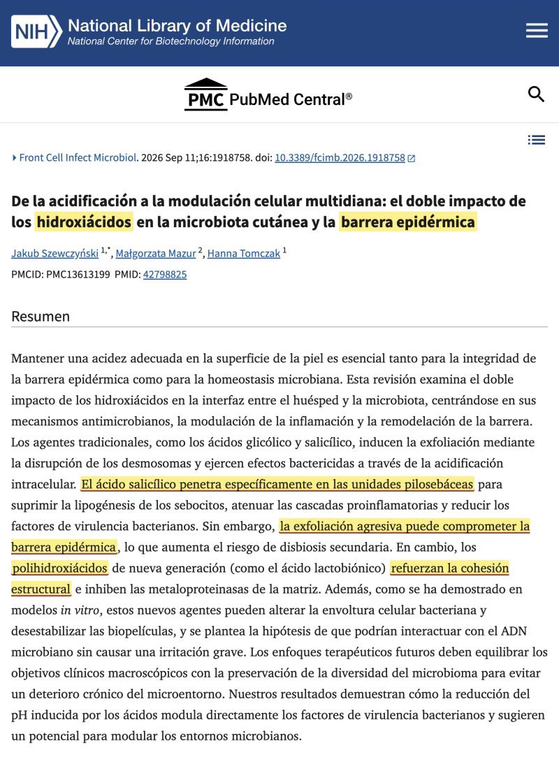 Resumen de un artículo científico: el ácido salicílico entra en el folículo, la exfoliación agresiva daña la barrera y los polihidroxiácidos refuerzan la piel
